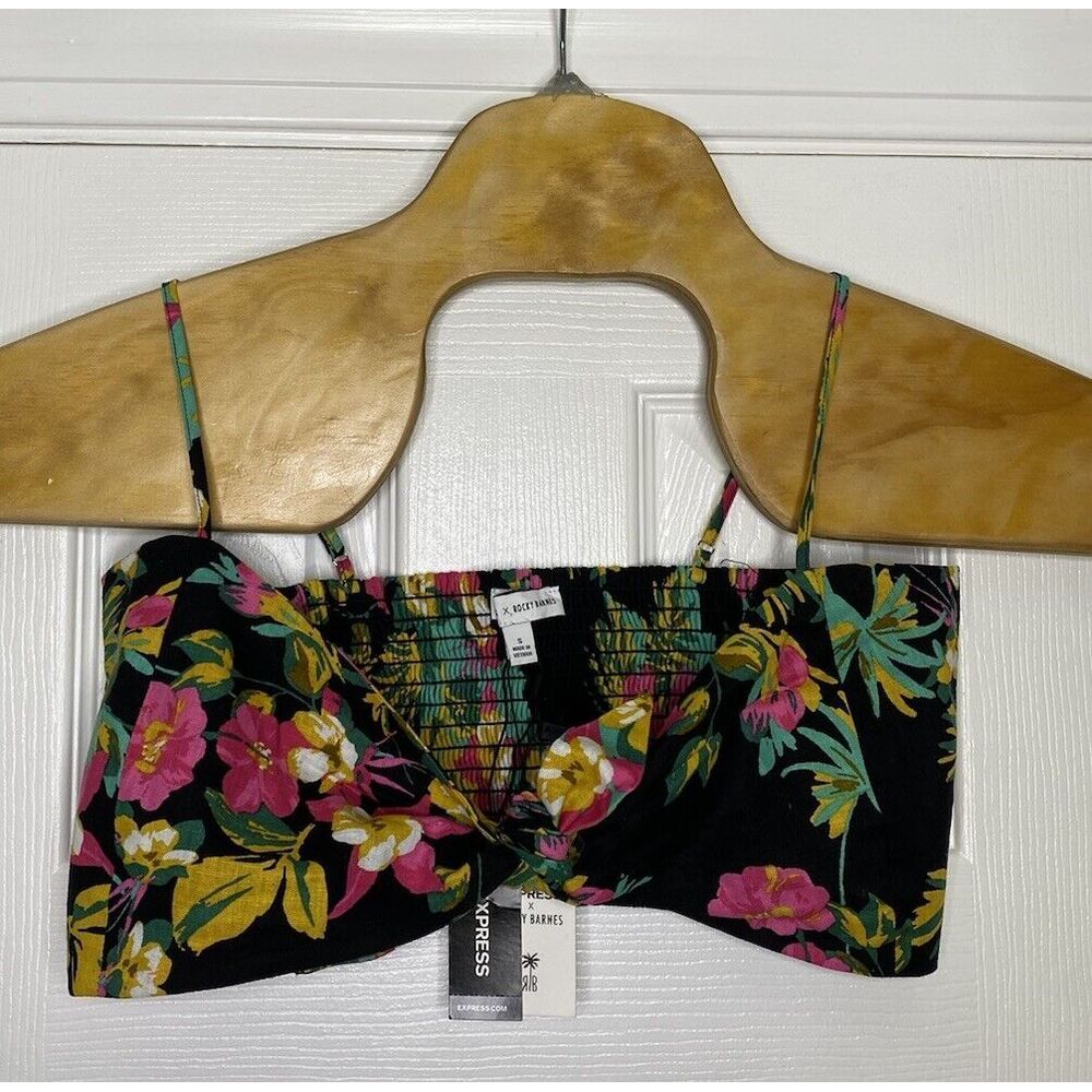 Express Rocky Barnes Linen Blend Tie Front Crop Top Floral Tropical Small New